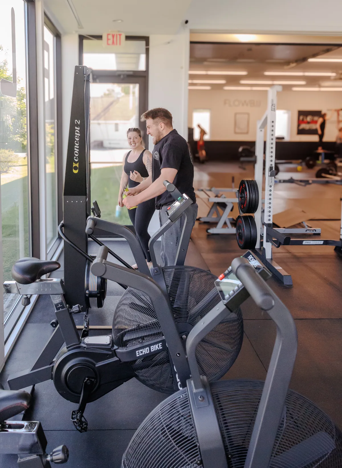 The Flow Strength training floor with members and equipment in Rockland, Maine
